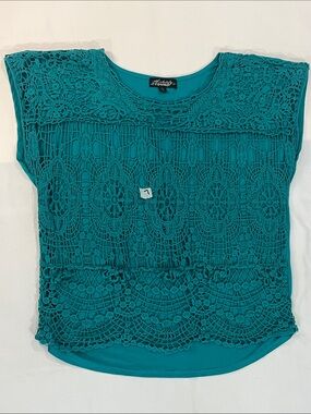 Absolutely Famous Teal Crochet Lace Overlay Blouse